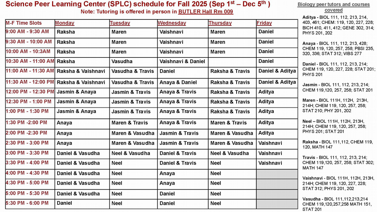 Science Peer Learning Center (SPLC) schedule for fall 2023 (Aug 28th - dec 4th 2023)