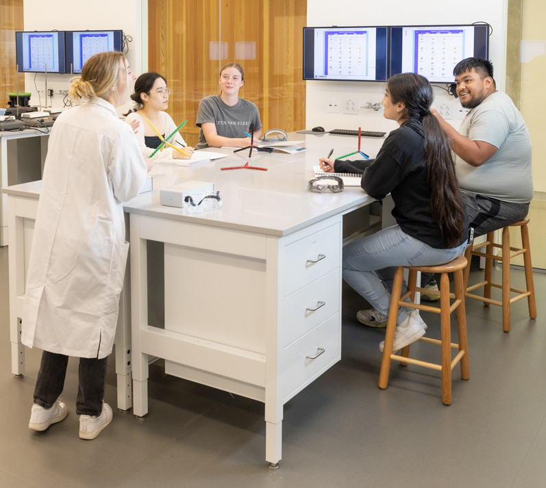 five students talking around lab table