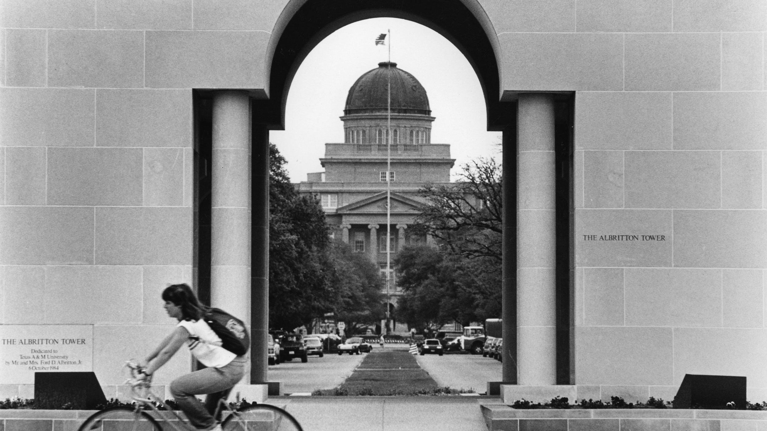 Historical photo of the Academic Building that uses Albritton Tower for framing