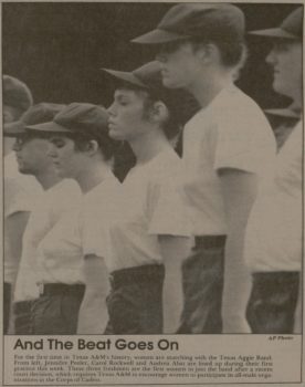 This photo of Andrea Abat, Jennifer Peeler and Carol Rockwell appeared on the front page of Texas A&amp;amp;M’s student newspaper shortly after their first practice with the Aggie Band.