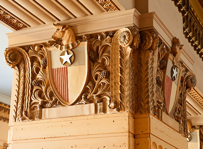 Close up of ornate carved columns in the Jack K. Williams Building on the Texas A&M University campus