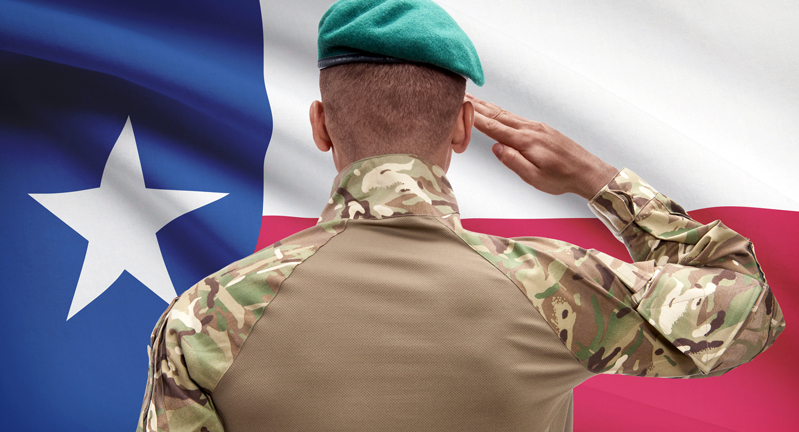 Male soldier dressed in camouflage fatigues and a green beret with his back to the viewer, saluting the State of Texas flag