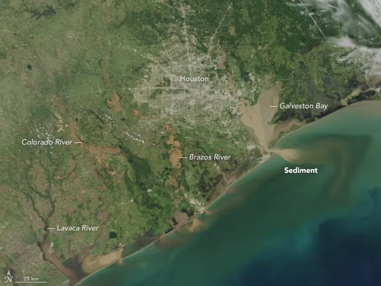 Satellite image of Galveston Bay and other rivers and bays around Houston, six days after Hurricane Harvey made landfall