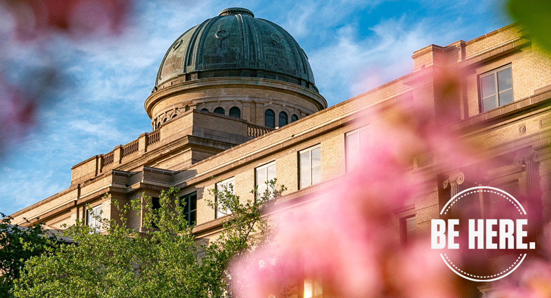 Exterior shot of the Academic Building on the Texas A&M University campus