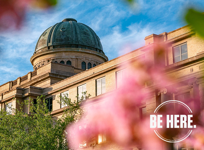 Exterior shot of the Academic Building on the Texas A&amp;M University campus