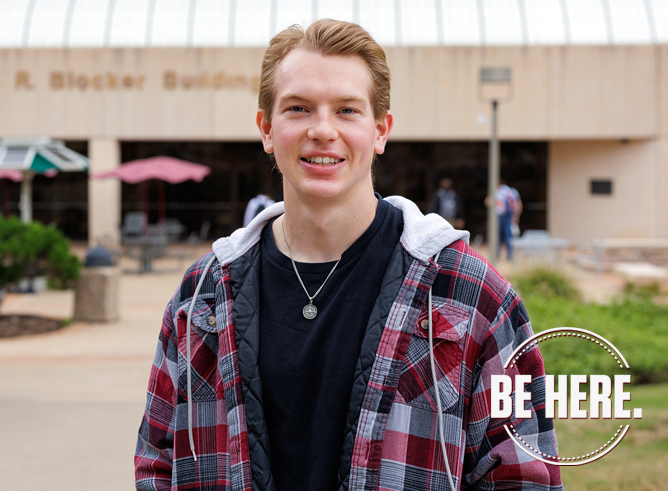 Texas A&amp;M University statistics major Drew Kearny poses in front of the John R. Blocker Building on the Texas A&amp;M campus