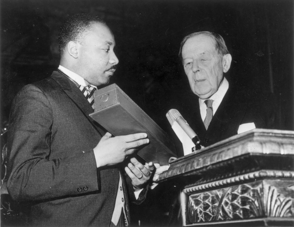 Martin Luther King, Jr. receiving the Nobel Prize for Peace from Gunnar Jahn, president of the Nobel Prize Committee, in Oslo on Dec. 10, 1964