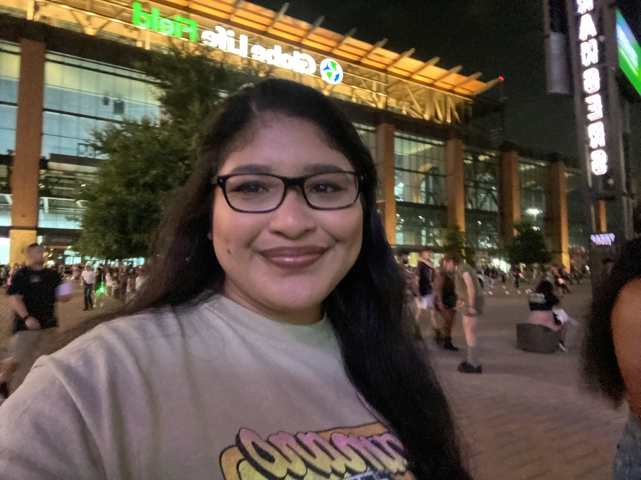 Texas A&amp;M University sociology major Vaneza Palma Barron takes a selfie outside Global Life Field in Arlington, Texas