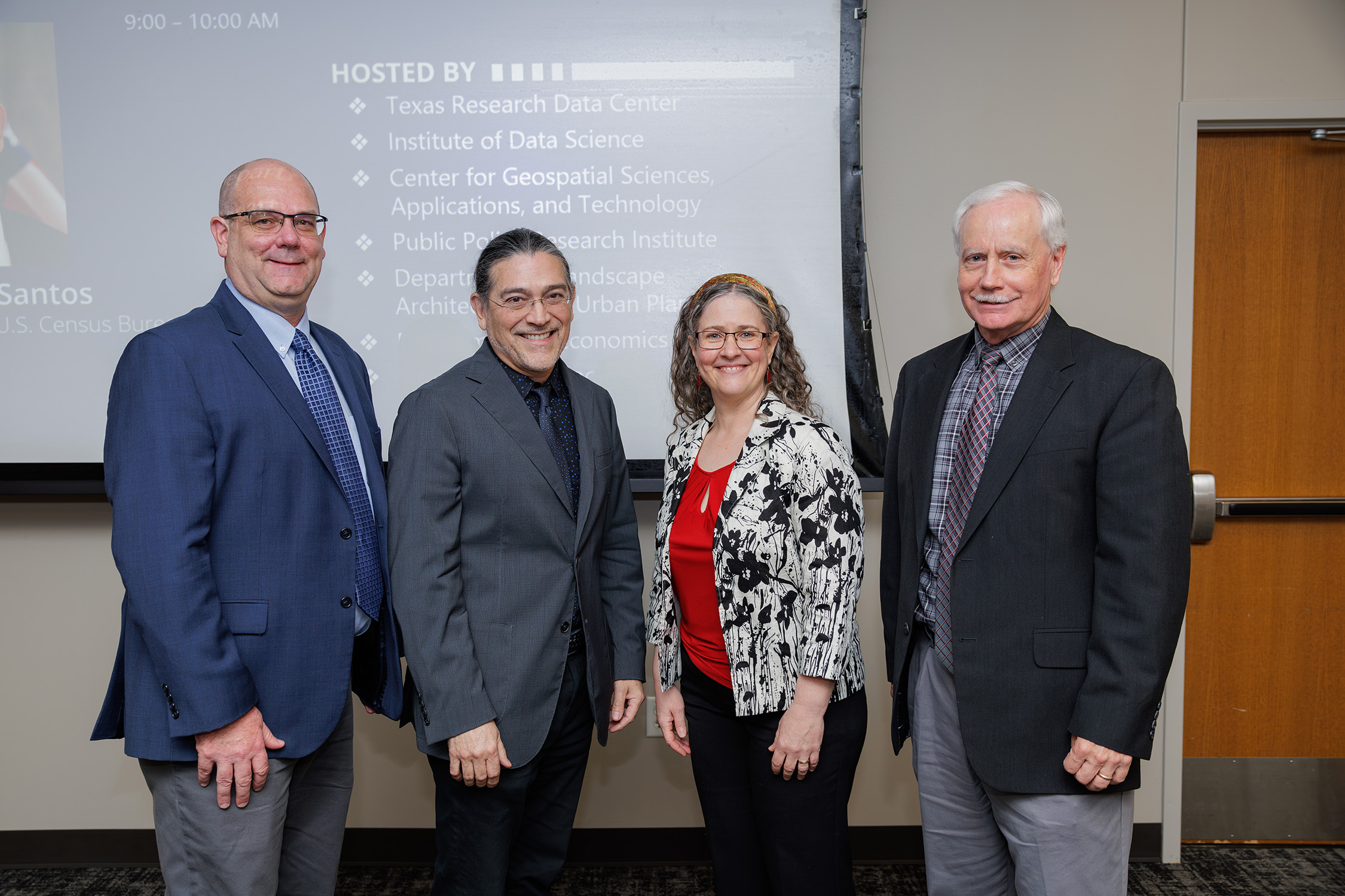 Group image of Texas A&amp;M University geography professor E. Brendan Roark, U.S. Census Bureau Director Robert Santos, Texas A&amp;M University sociology professor Mary Campbell and Texas A&amp;M University biology professor and Dean of the College of Arts and Sciences Mark Zoran