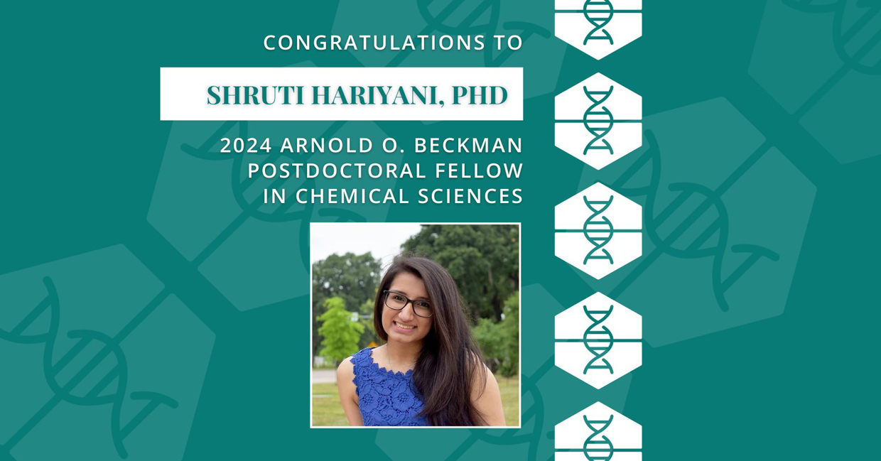 Graphic promoting Shruti Hariyana as a 2024 Arnold O. Beckman Postdoctoral Fellow