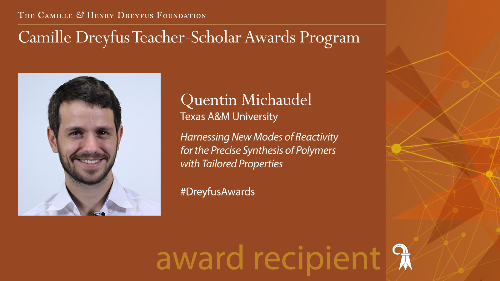 Graphic promoting Texas A&amp;M University chemist Quentin Michaudel as a 2024 Camille Dreyfus Teacher-Scholar