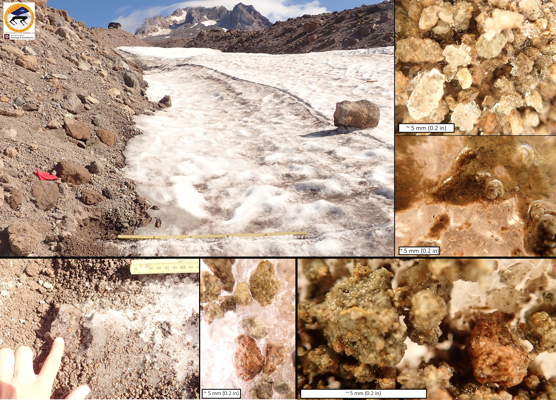 Composite image of rock and snow mixtures at Mount Hood in Oregon