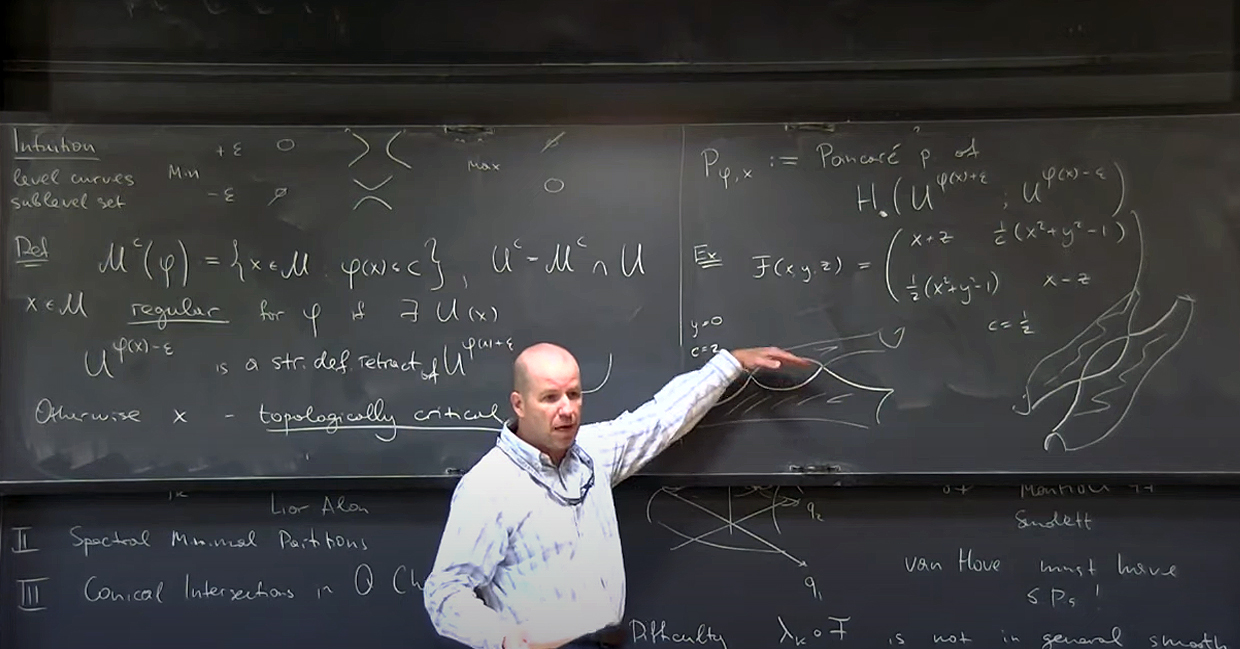 Texas A&M University mathematician Gregory Berkolaiko stands at a chalkboard filled with mathematical formulas