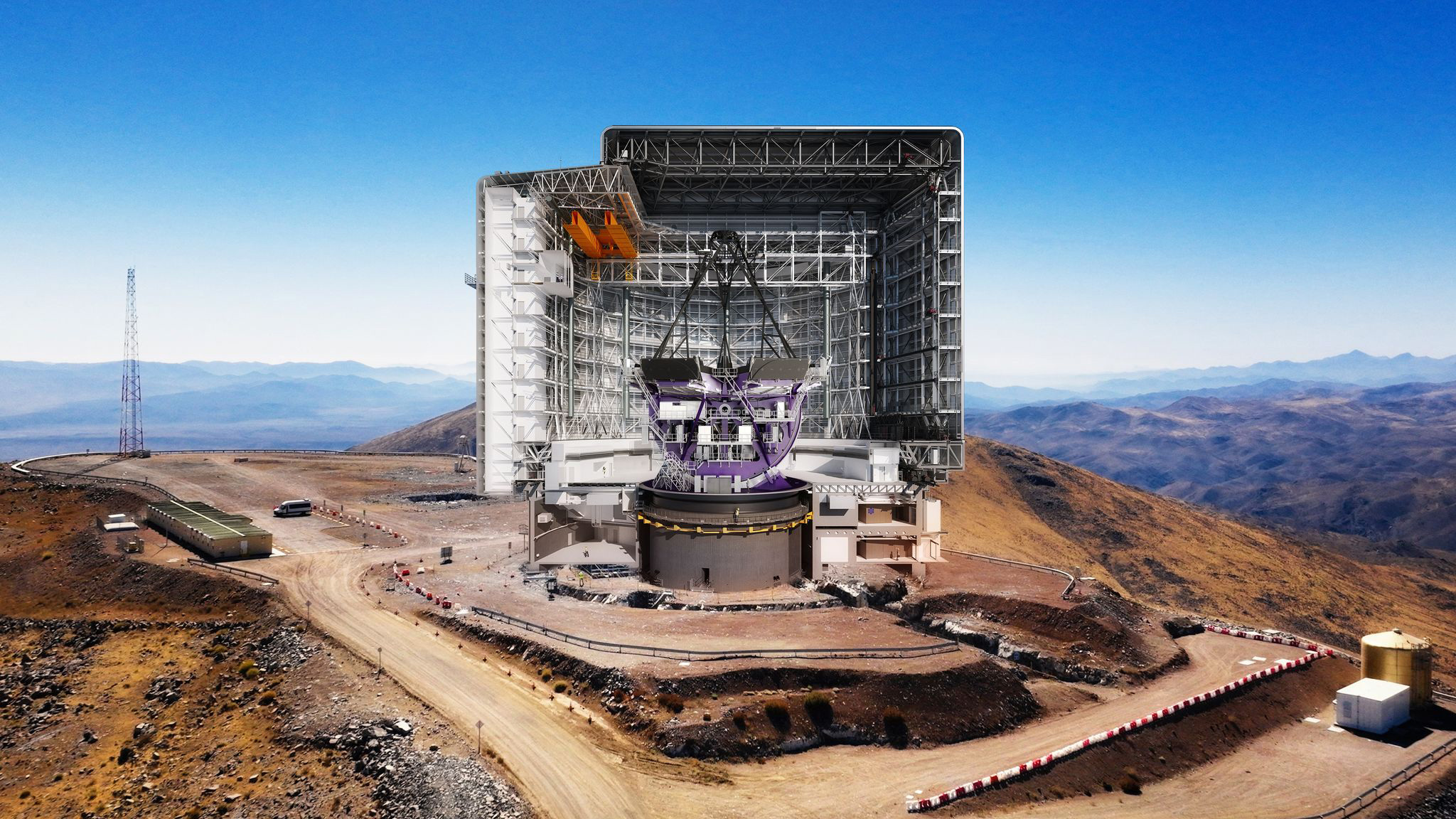 Cross-sectional rendering of the Giant Magellan Telescope enclosure and mount at Las Campanas Observatory in Chile