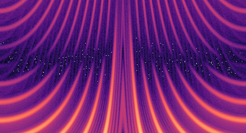 Illustration of a nuclear frequency comb displaying single photons as visualized on a logarithmic scale from dark to bright colors, with brighter colors indicating instances of time where the stored photons have a higher probability of being retrieved