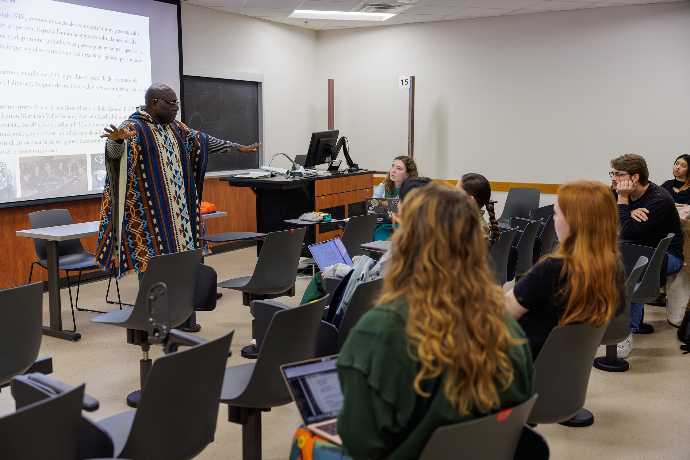 Texas A&amp;M University global languages and cultures professor Alain Lawo-Sukam teaching an undergraduate class at Texas A&amp;M