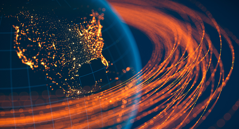 Satellite image depicting a map of North America simulating the flow of data across a connected world