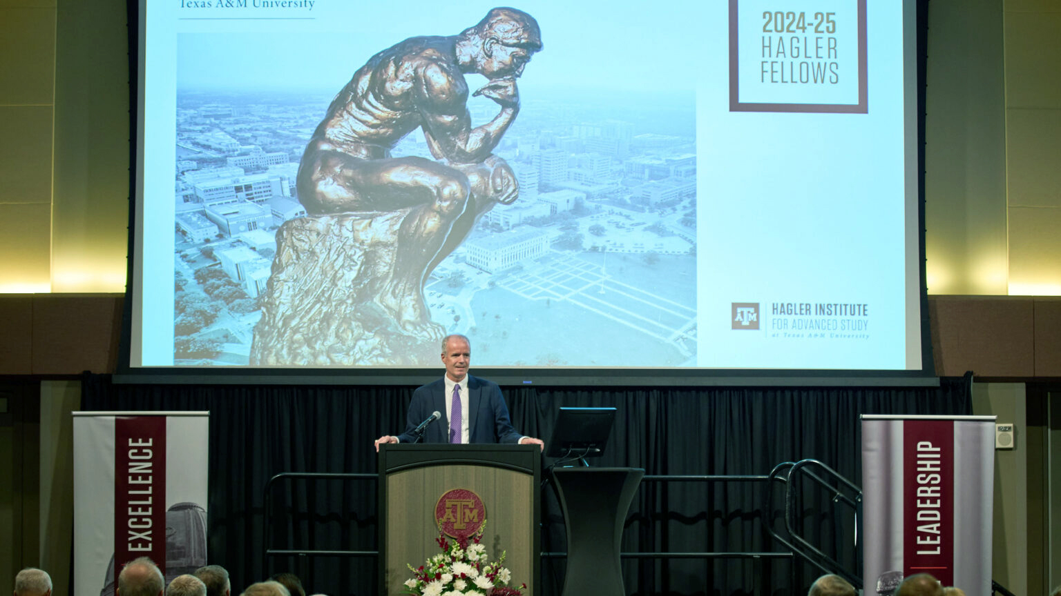 Texas A&amp;M University Provost Alan Sams addresses the crowd at a September 23, 2024, reception for the 2024-25 Hagler Fellows on the Texas A&amp;M campus