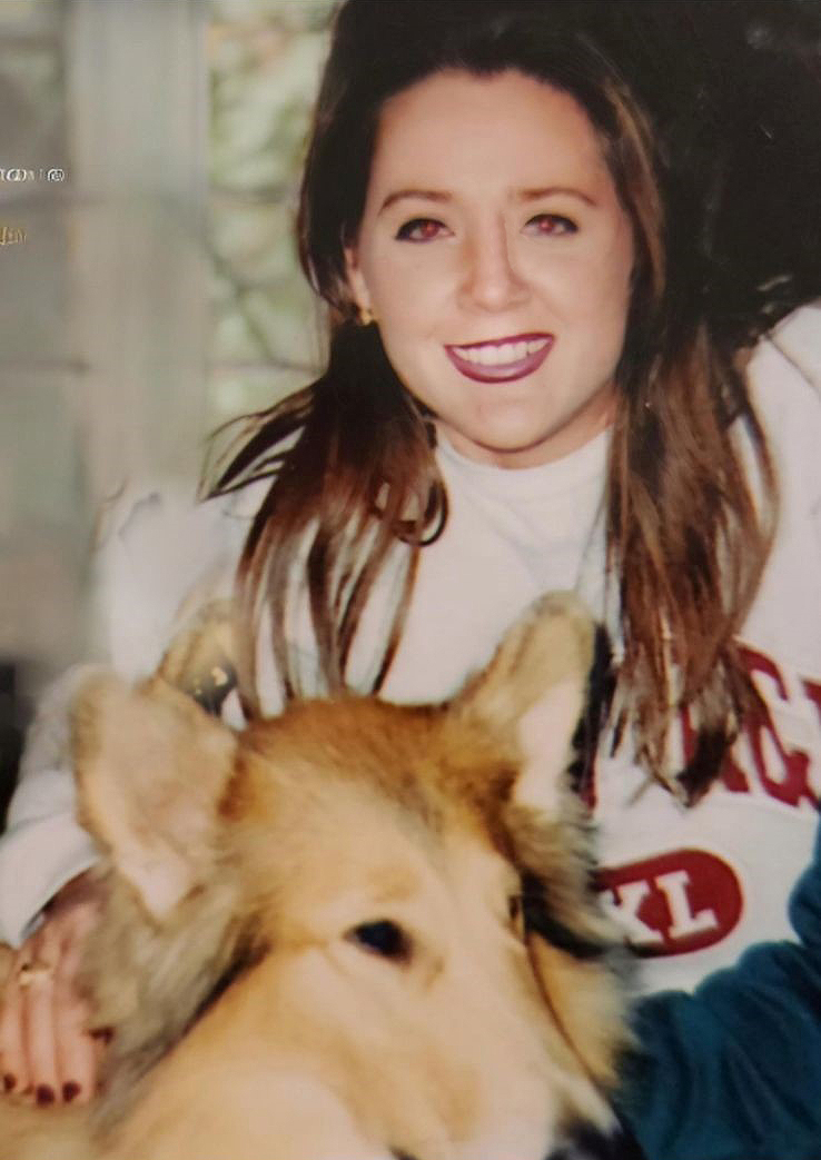 1990 Texas A&amp;M University Susan Smallman, posing with Reveille during her undergraduate days in Aggieland