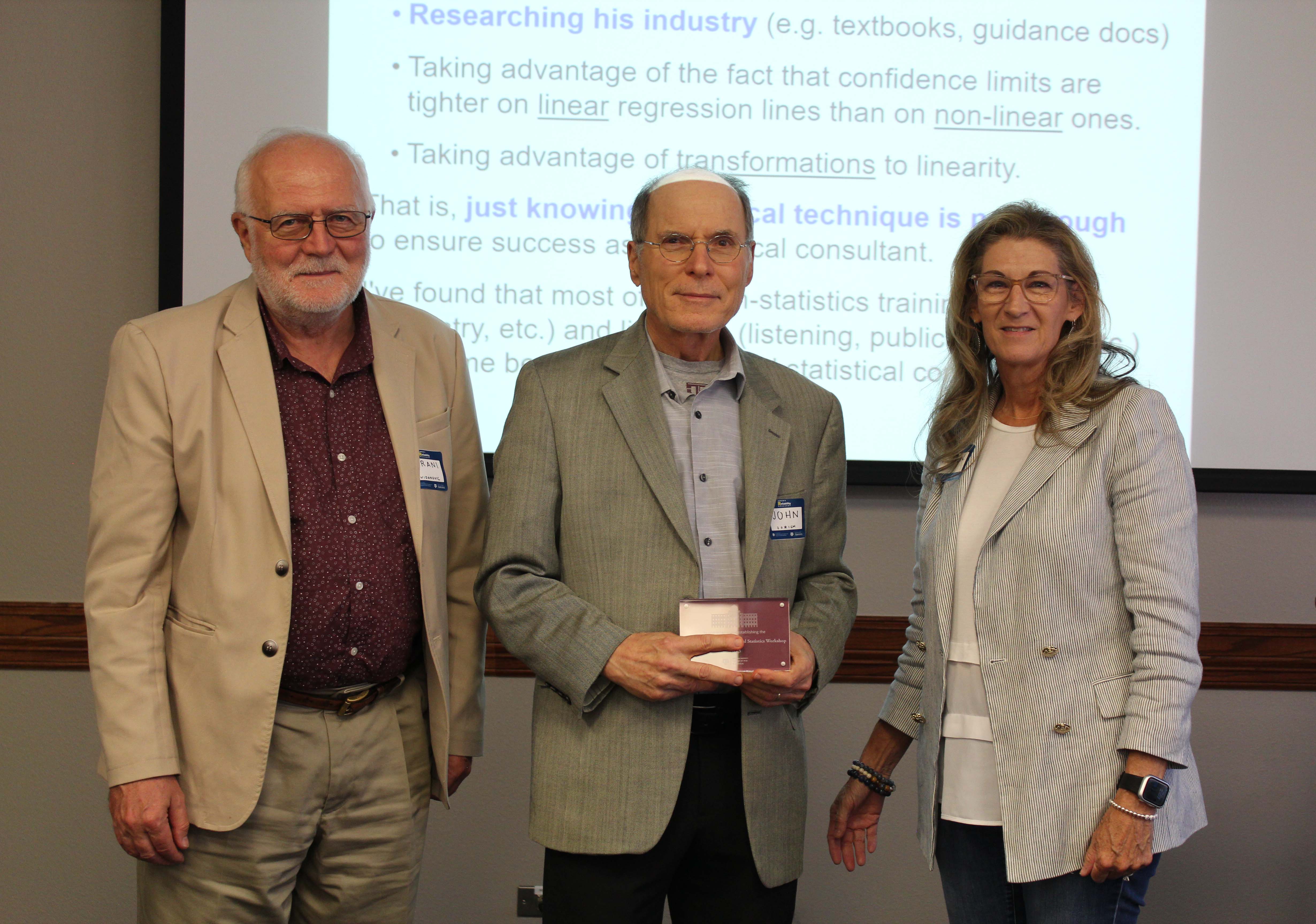 Texas A&amp;M University statistician Brani Vidakovic, Houston-based statistician John Zorich and Senior Development Officer Karen Cochran, pictured at the 2024 Zorich's Reliability Workshop, held September 27 on the Texas A&amp;M campus