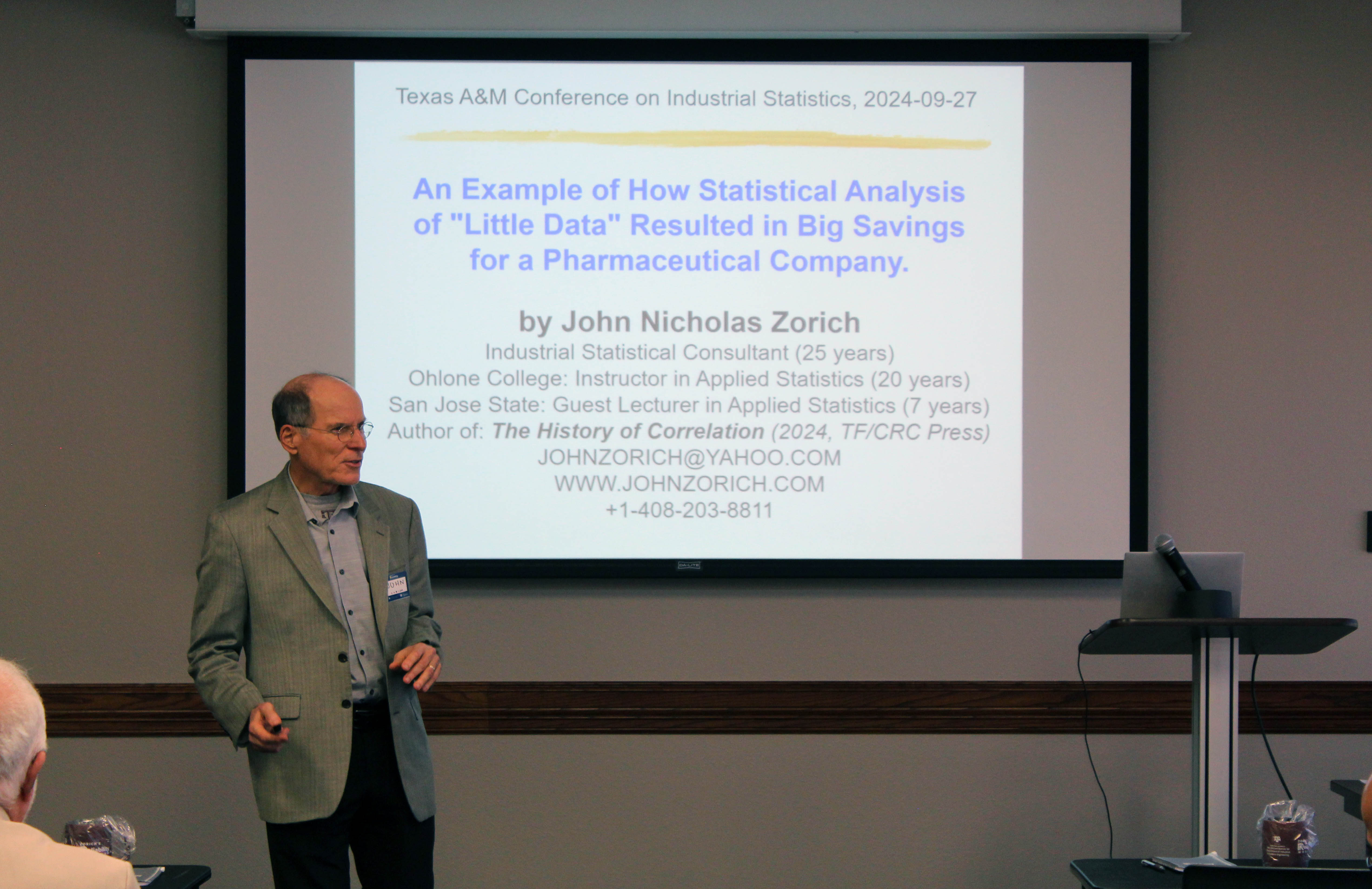 Houston-based statistician John Zorich, presenting at the 2024 Zorich's Reliability Workshop, held September 27, 2024, on the Texas A&amp;M University campus