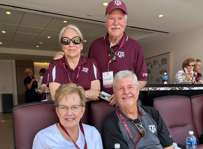 (Seated, l-r:) Patricia and James W. Chancellor '68 and (standing, l-r:) Dana and Jon Chancellor '71 at Kyle Field during the Texas A&amp;M-Missouri football game on October 5, 2024