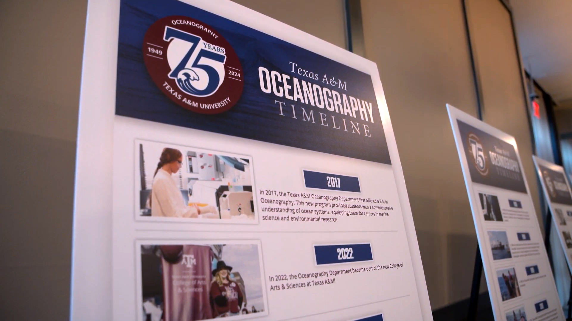 A series of foamcore-mounted posters display a timeline of significant events in the Texas A&amp;M University Department of Oceanography's 75-year history at the Texas A&amp;M Oceanography 75th Anniversary Gala, held Sept. 20, 2024, at The George Hotel in College Station, Texas