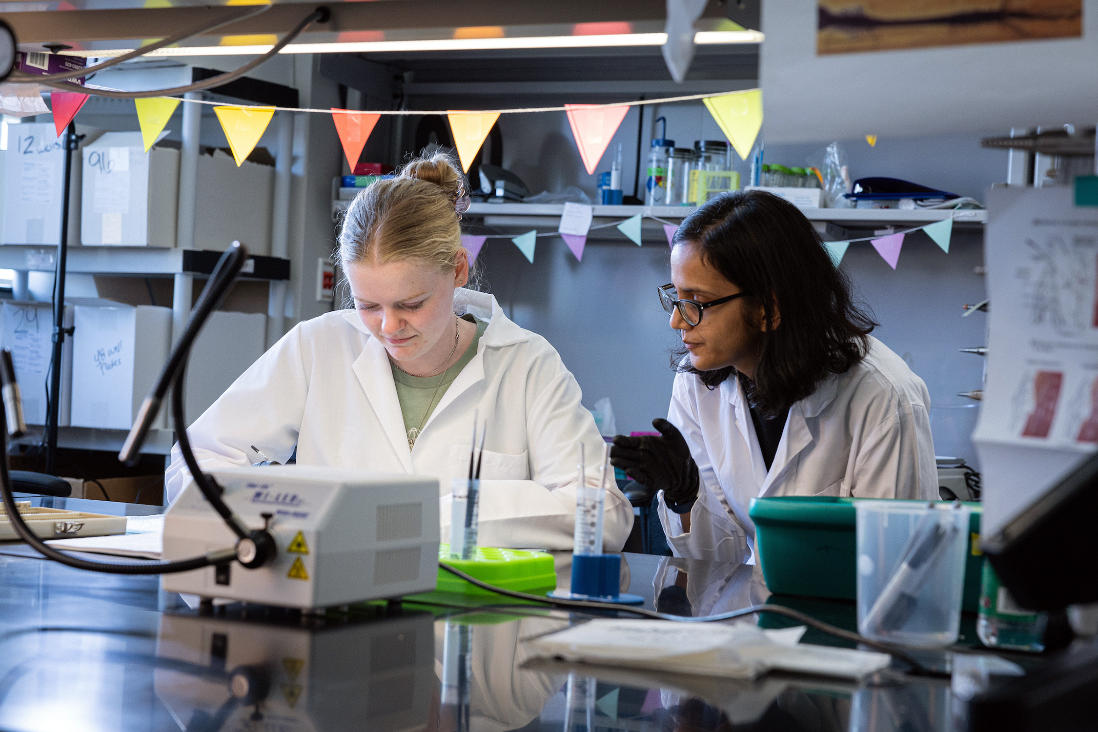 Abbi Evans and Anjali Agrawal wear white lab coats and work together at a bench within the Dulin laboratory at Texas A&amp;M University