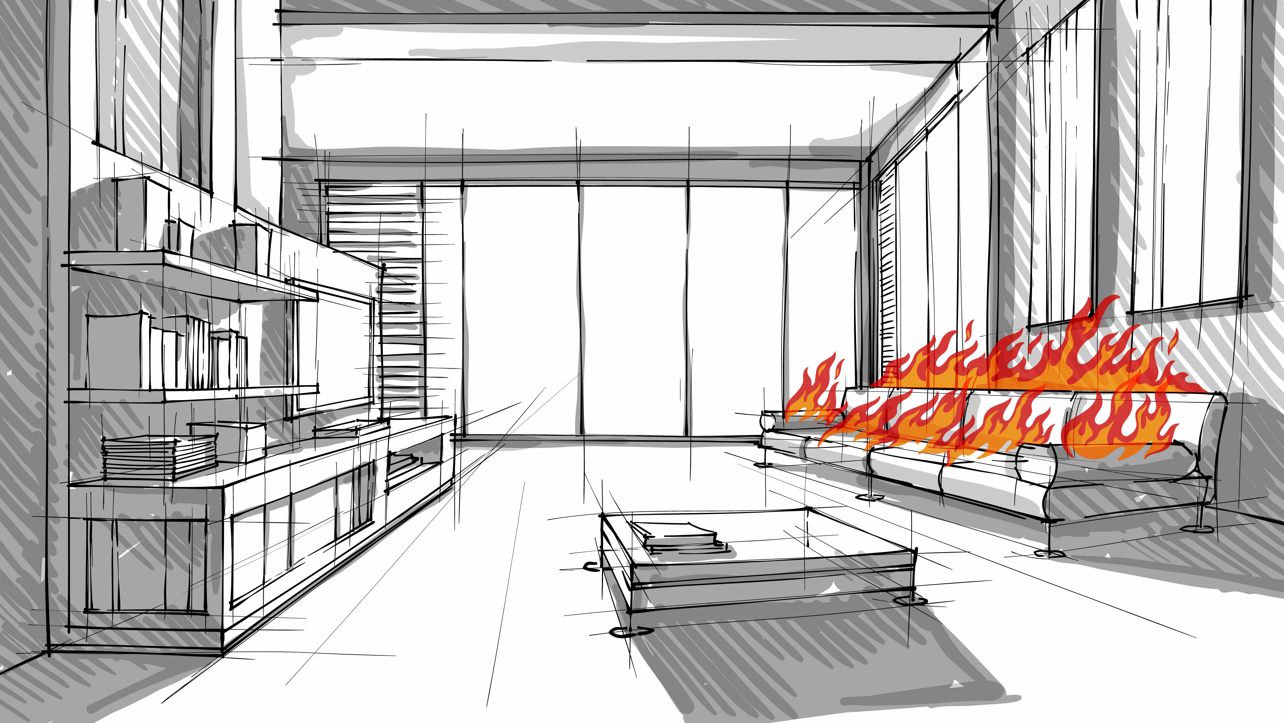 Artistic depiction of a room featuring a wall with shelving above a cabinet, an ottoman, and a couch engulfed in flames.