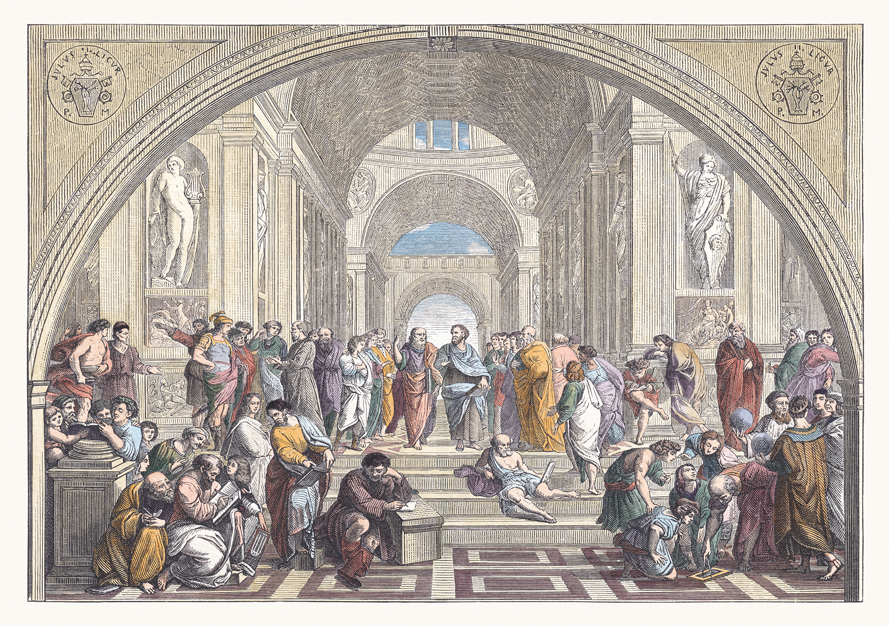 Colorful illustration of the School of Athens fresco by Raphael, depicting various classical philosophers and scholars engaging in discussion and study inside a grand hall with arches and statues.