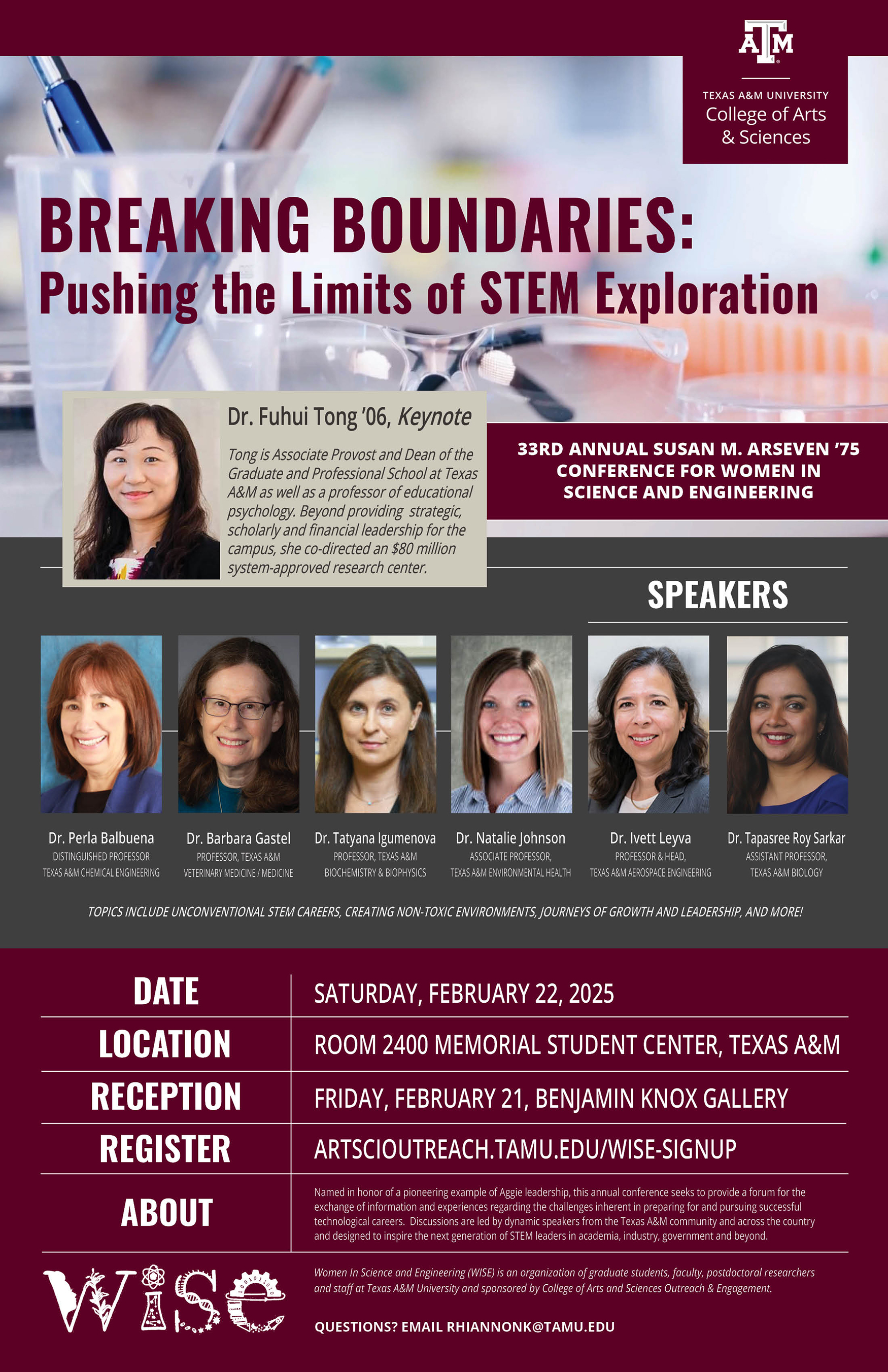 Event poster for the 33rd Annual Science and Engineering Conference at Texas A&amp;M University featuring keynote speaker Dr. Fuhui Tong. The poster includes session details, a list of speakers with their affiliations, the conference location, date, and registration information.