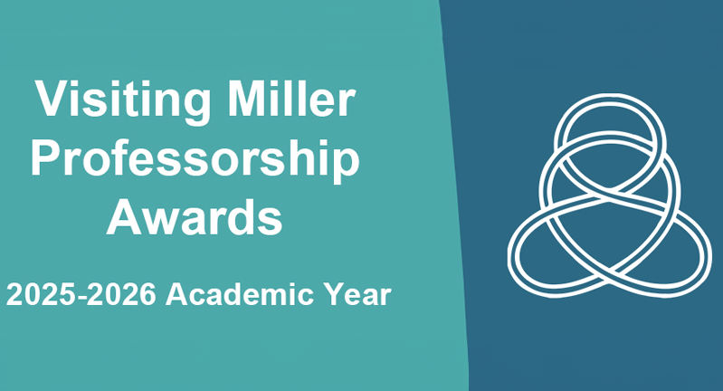 Banner for the Visiting Miller Professorship Awards for the 2025-2026 academic year, featuring a white abstract knot design on a teal background.