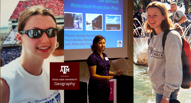 Collage featuring three images: Aubin Phillips smiling at Texas A&M Elephant Walk, another of Aubin giving a presentationr, and a close-up of a Aubin at the 2001 Red, White, & Blue Out game in 2001.