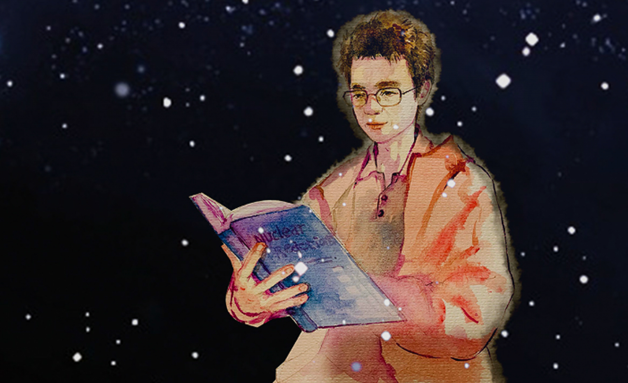 Composite image featuring a watercolor illustration of a young Texas A&amp;M University physicist Baishan Hu, holding and reading an open book titled “Nuclear Reactions” against a cosmic background dotted with distant stars and galaxies.