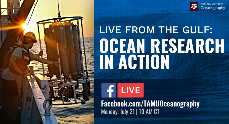 Advertisement for a live event titled 'Ocean Research in Action' hosted by Texas A&amp;M University Oceanography, showing a researcher working with equipment on a boat at sunrise. Viewers are invited to watch the event on Facebook Live on Monday, July 21 at 10 AM CT.