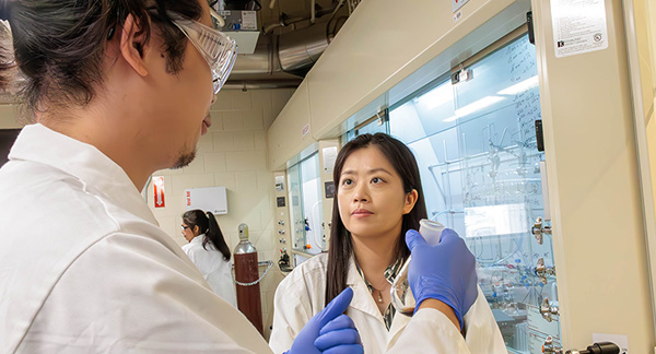 Two scientists in lab coats and safety glasses are discussing work in a chemical laboratory filled with glassware and equipment.
