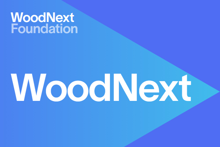 Blue box with the words WoodNext in white.