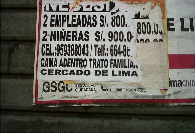 A worn job advertisement in Spanish offering positions for two household employees and two nannies with listed salaries, phone numbers, and details about live-in arrangements in Cercado de Lima.